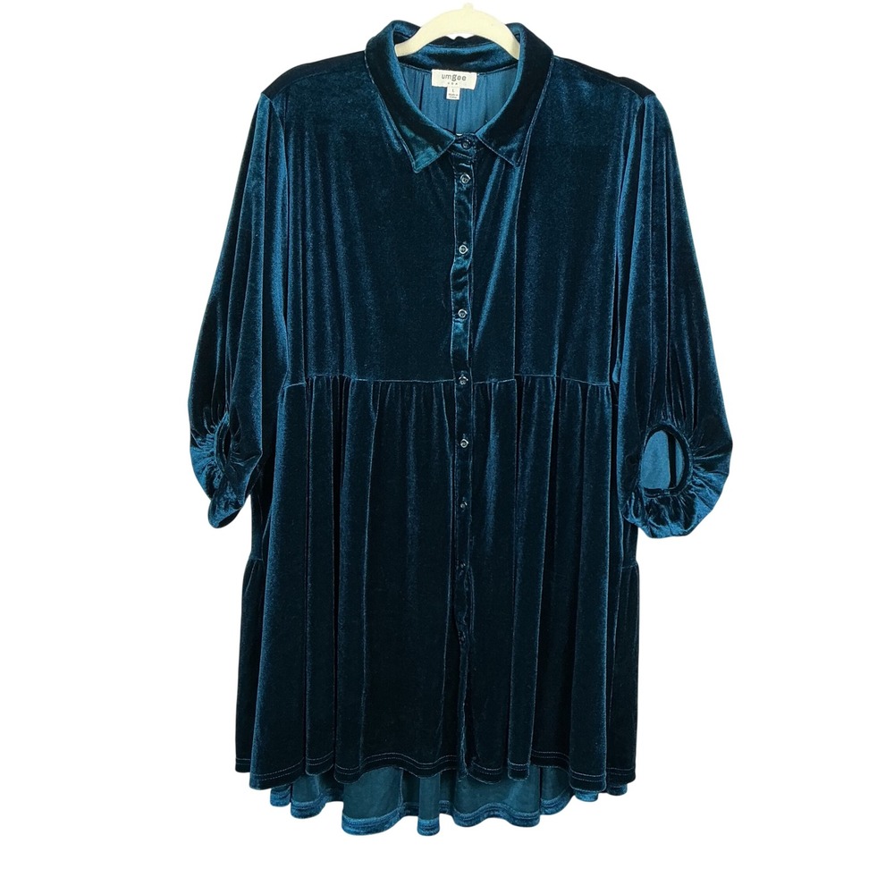 Umgee Teal Blue Velvet Tiered Babydoll Tunic Dress Button Front Large